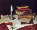 books and candle 1890 still life